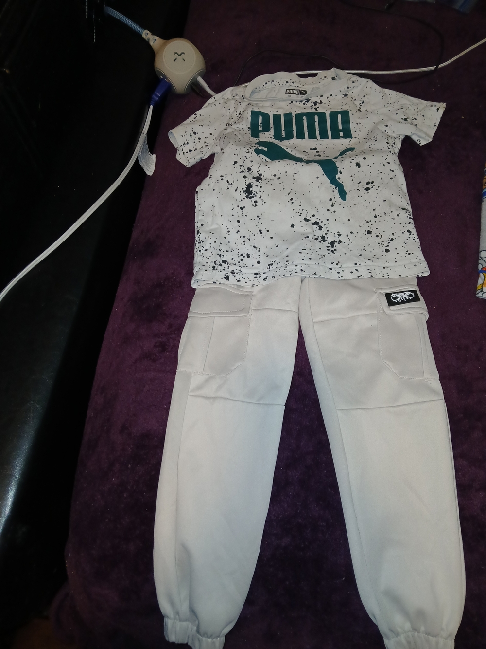 Puma White Splatter Logo Tee and White Jogger Set